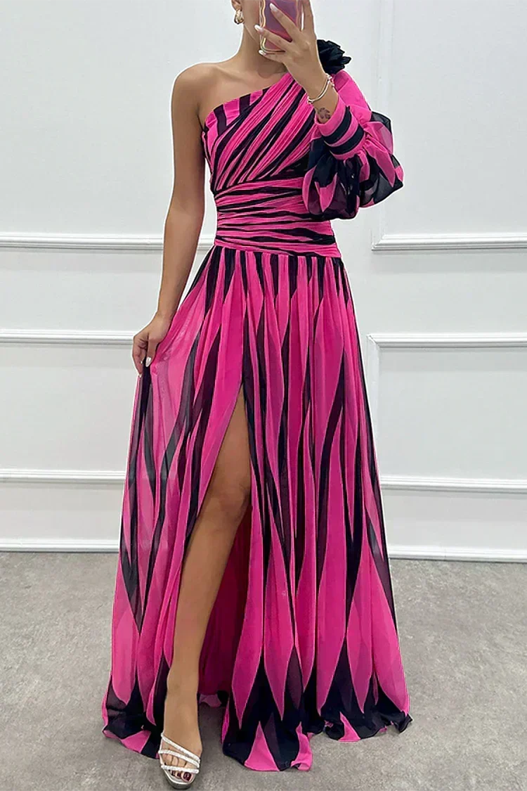 Ivy & Grace™ |Elegant Striped Maxi Dress with One Shoulder
